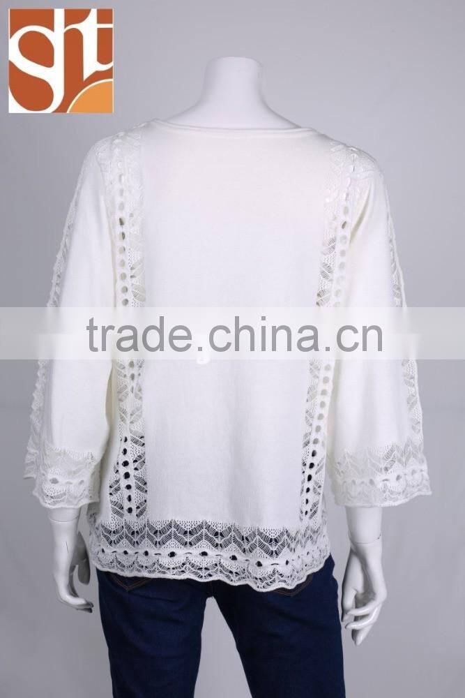 2016 New ladies' boat neck 3/4 sleeve pullover knitted sweater with pointell