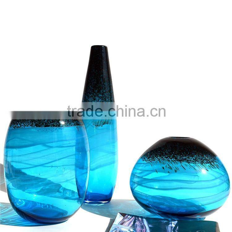 Mouth Blowing Sea Blue Color A Set Of Art Mediterranean Style Glass Vase For Centerpieces Wedding
