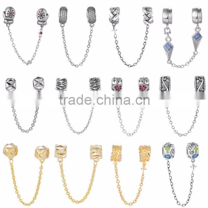 Vintage Royal Embossment Flowers S925 new arrivals safety chain Imitation stone flower automatic adjust silver chain charm A020