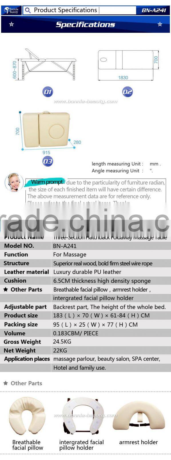 BonnieBeauty beige three folding beauty massage bed made in China