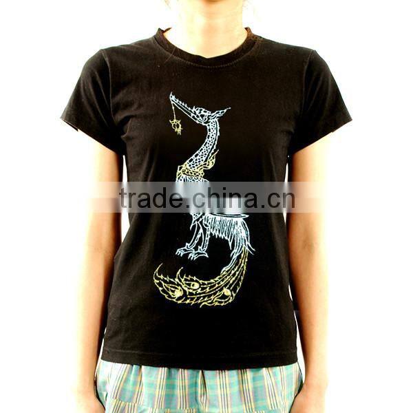 Peacock Swan THAILAND ART T-SHIRT PAINTED FABRIC acrylic glitter PAINTING BY HAND RARE PRODUCTS