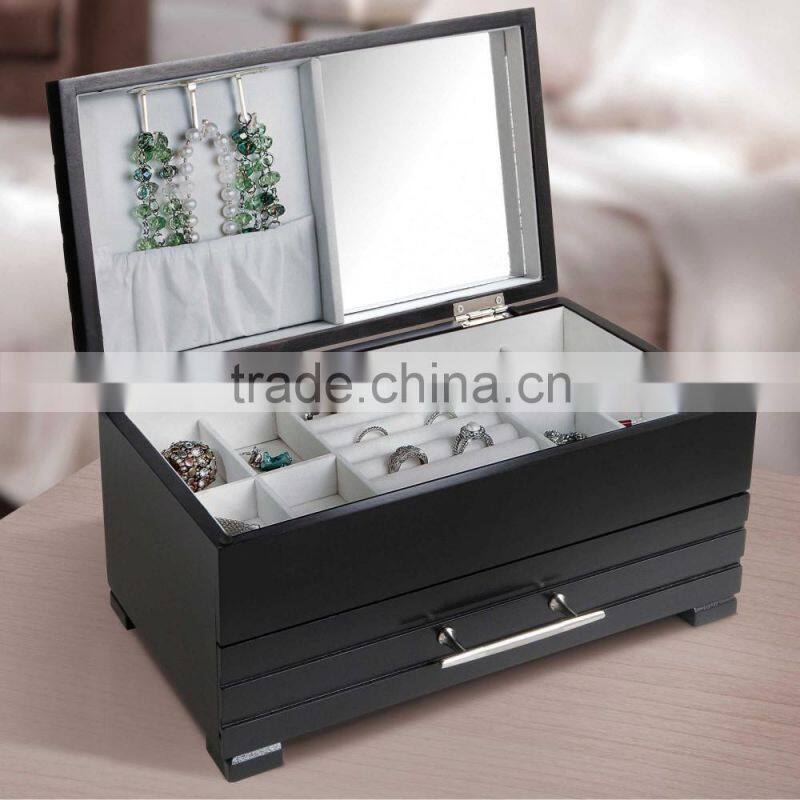Black Leather Jewelry Box Watch Organizer Storage Case With Elegant Mirror
