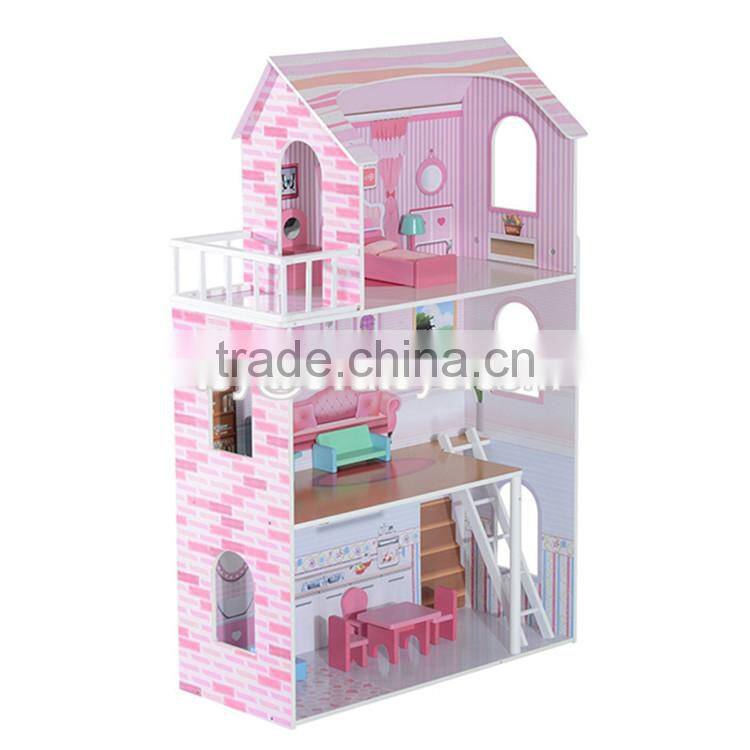 New design 13 pieces of furniture 3 floor pretend play pink wooden cottage dollhouse for children W06A230