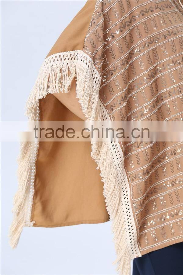 New Arrival Ladies Fashion Design Elegant Winter/Autumn Tan Colour Dolman/ Cape/Shawl Coat With Fringing and Beading for women