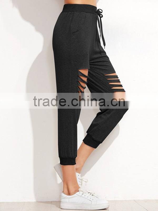 Woman's/Ladies' Black Cotton Cut Out Drawstring Pants