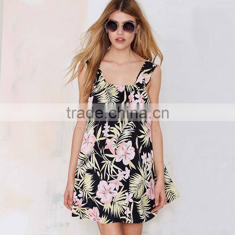 Ladies Fashion Sexy Back Open Floral Print Falbala Halter Top Short Dress