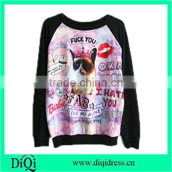 Letters and Cat Print Black Sweatshirt