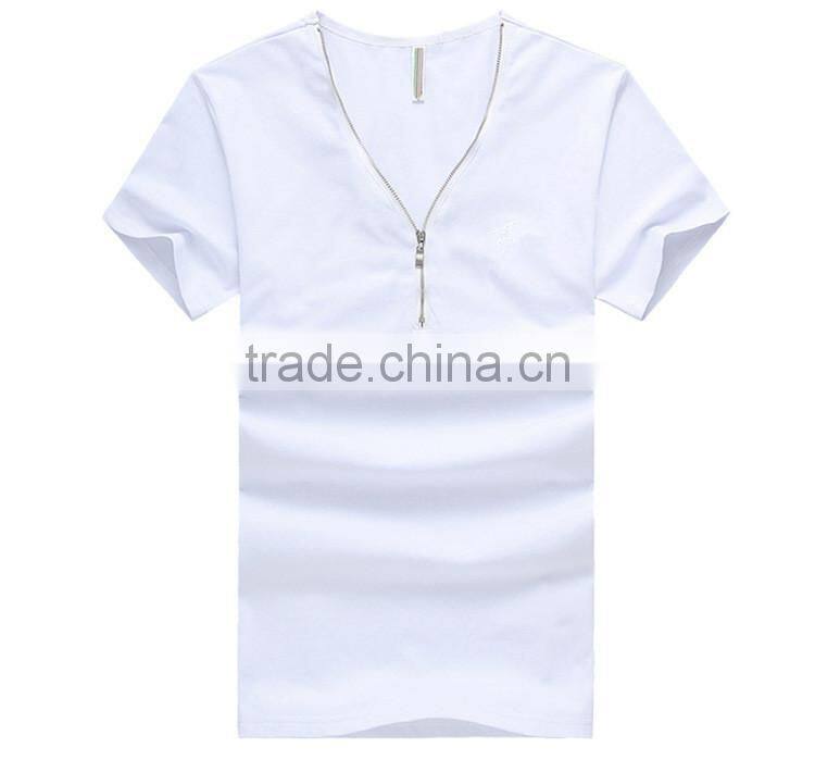 China Factory Latest Style 180 Grams Short Sleeve Round Neck Cotton Black Men Blank Zip T-Shirt