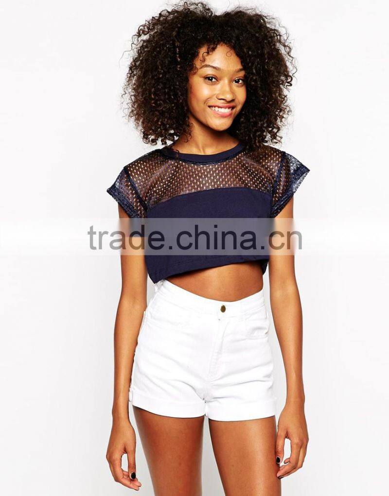 Mesh fabric crop t-shirt for girls wholesale