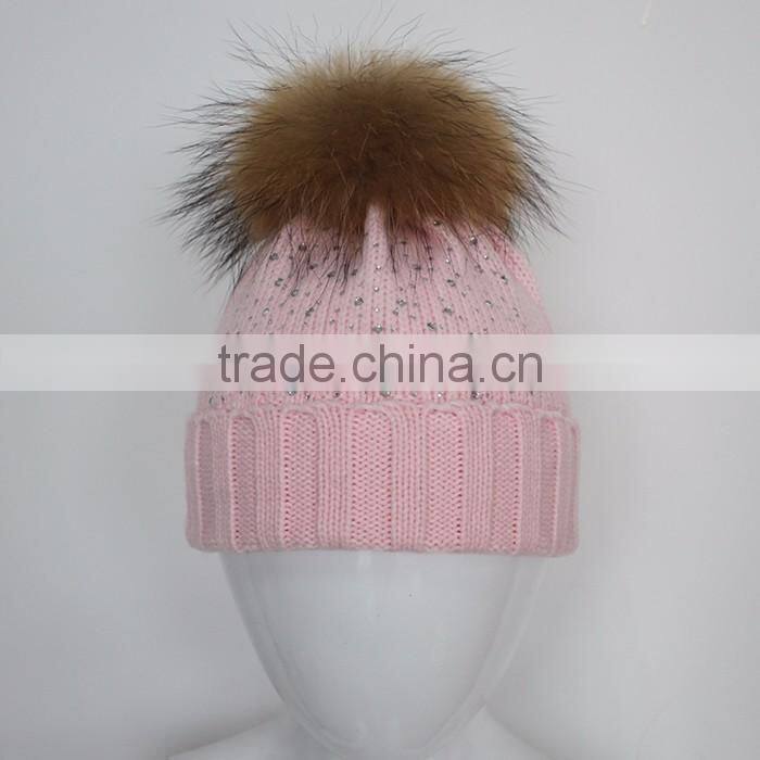Myfur Baby Pink High Quality Wool Acrylic Knitting Hat and Cap with Raccoon Fur Ball Wholesale