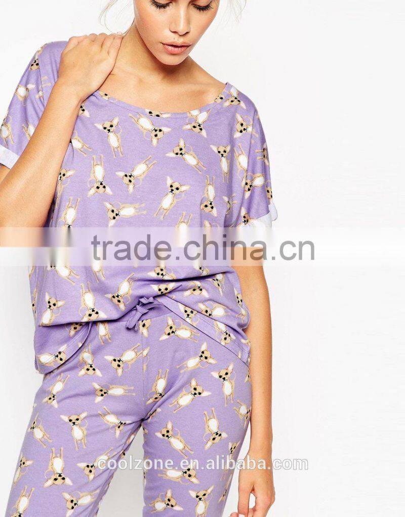 100% Cotton soft touch jersey pajama set women print pajama