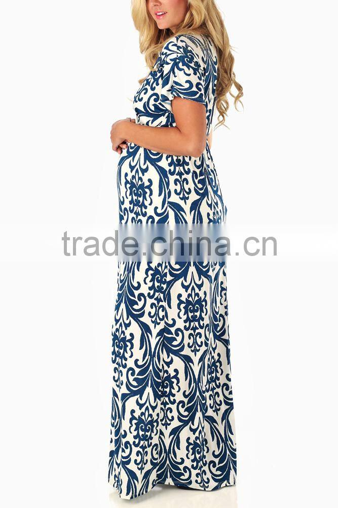 TEAL DAMASK PRINTED MATERNITY/NURSING MAXI DRESS