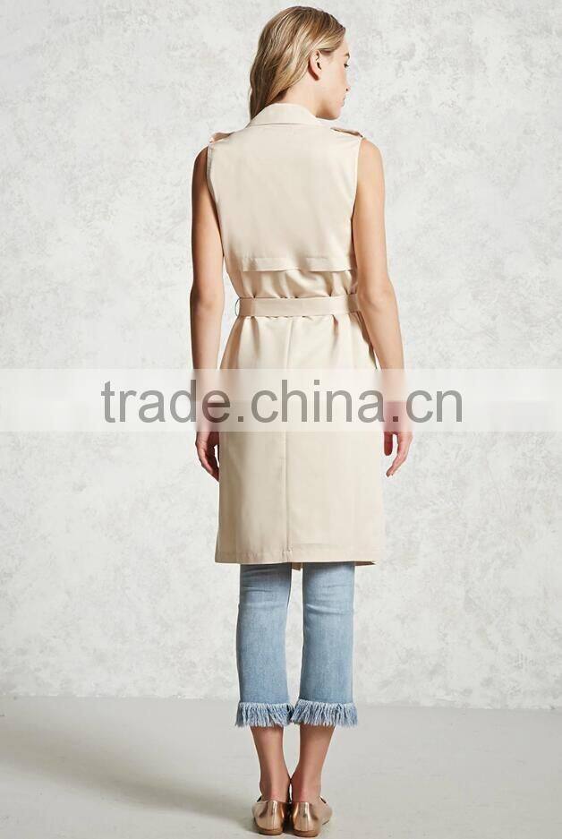 Fashion Longline Plain Women Work Vest with belt sleeveless jacket for ladies