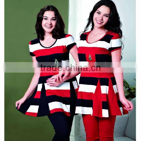 Women fashion frock design pajama set yarn dyed striped pajamas summer