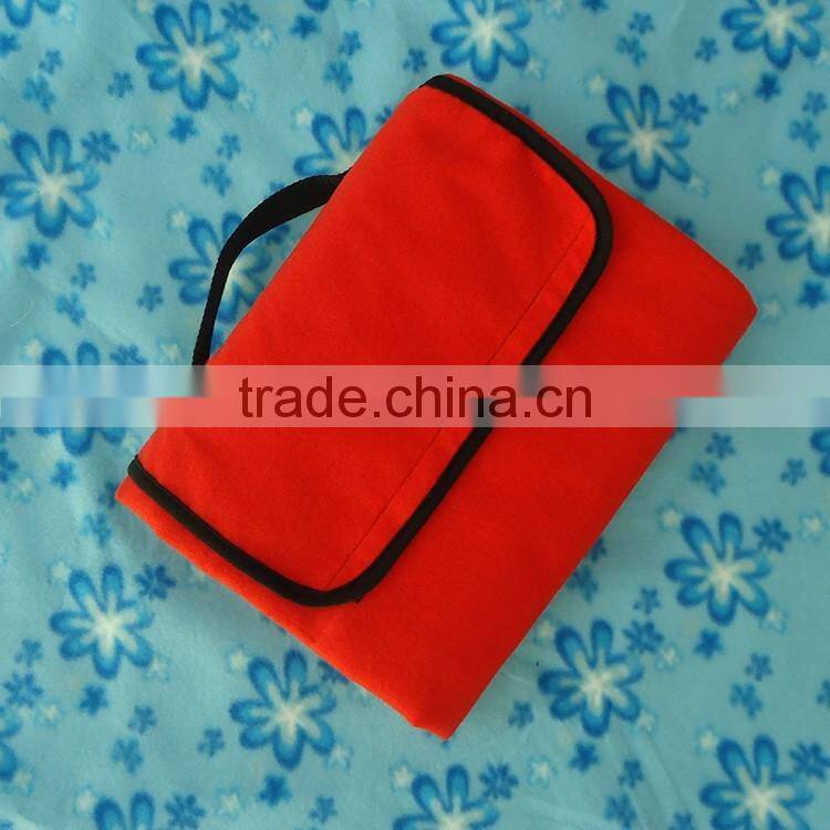 Blue fleece nylon polyester with handle travel waterproof foldable blanket