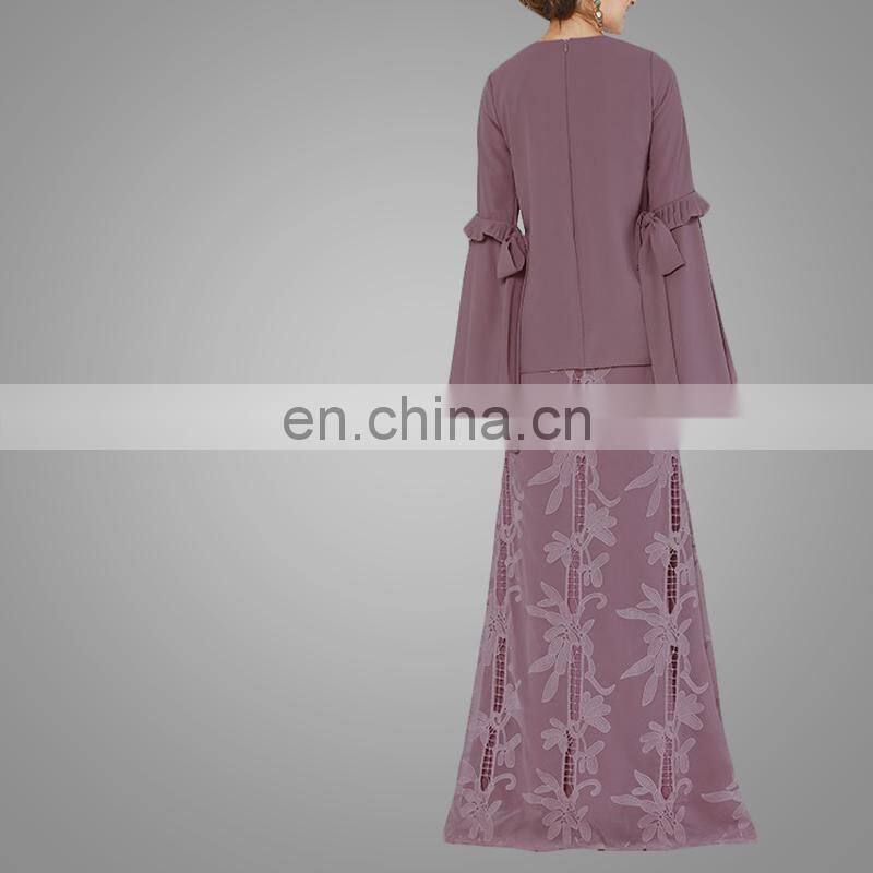 Modern Muslim Women Loose Cut Long Flared Sleevs With Ruffle Chiffon Dress Two Pieces Suits Islamic Wear For Ladies Baju Kurung