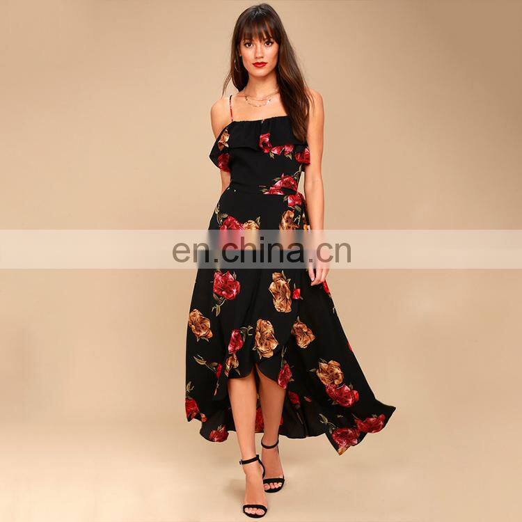 women casual one piece shoulder-straps wrap dress black long floral print dress