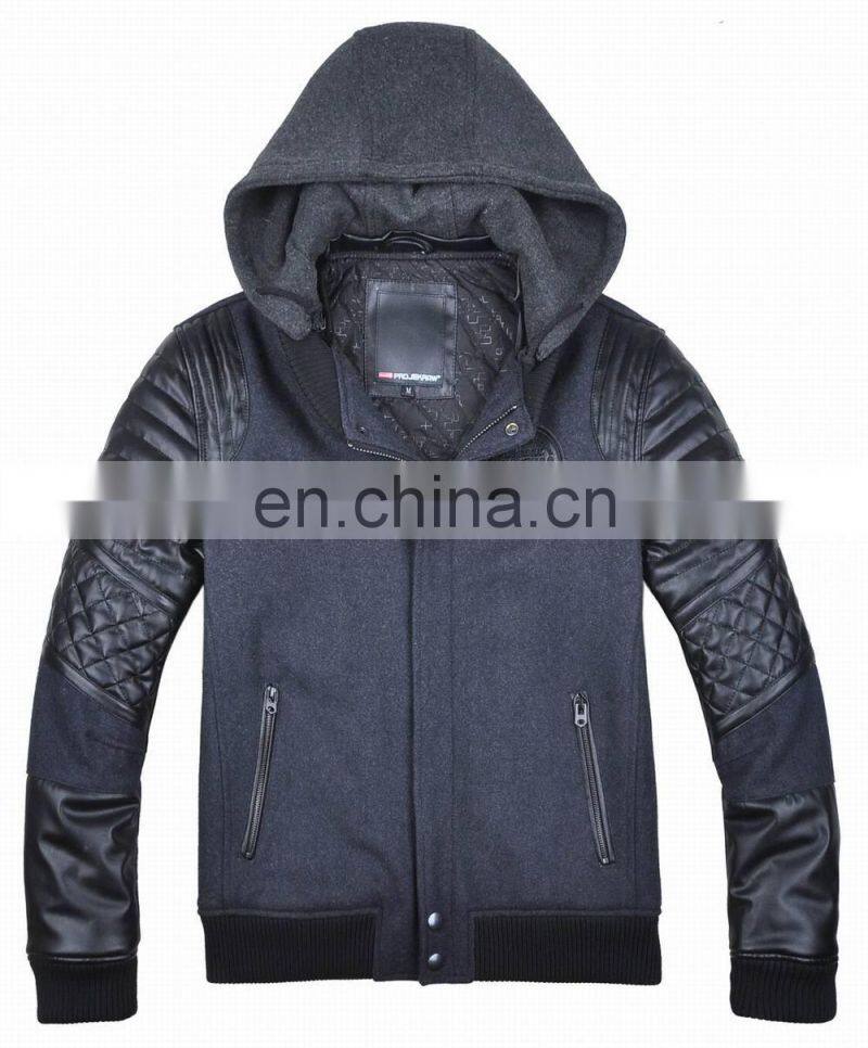 2015 last fashion quilted movable hood baseball jacket leather sleeves