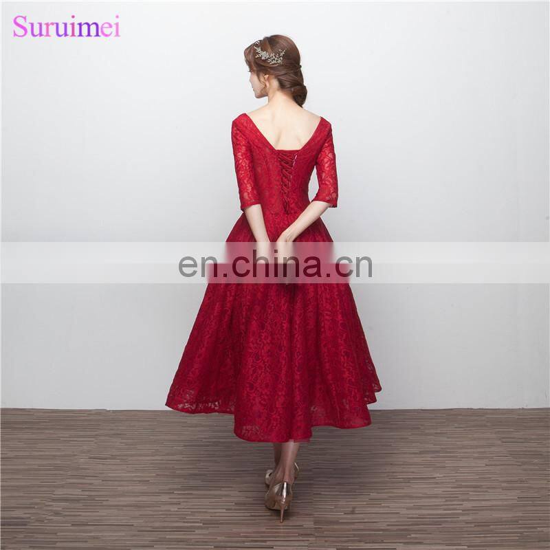 Wine Red Bridesmaid Dresses with Half Sleeves V Neck Corset Lace Up Tea Length Brides Maid Dress Vestidos De