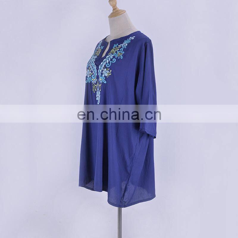 Dark Blue Bohemian Embroidered Three Quarter Sleeve Short Summer Beach Dress Cotton Tunic Women Beachwear Sarong plage