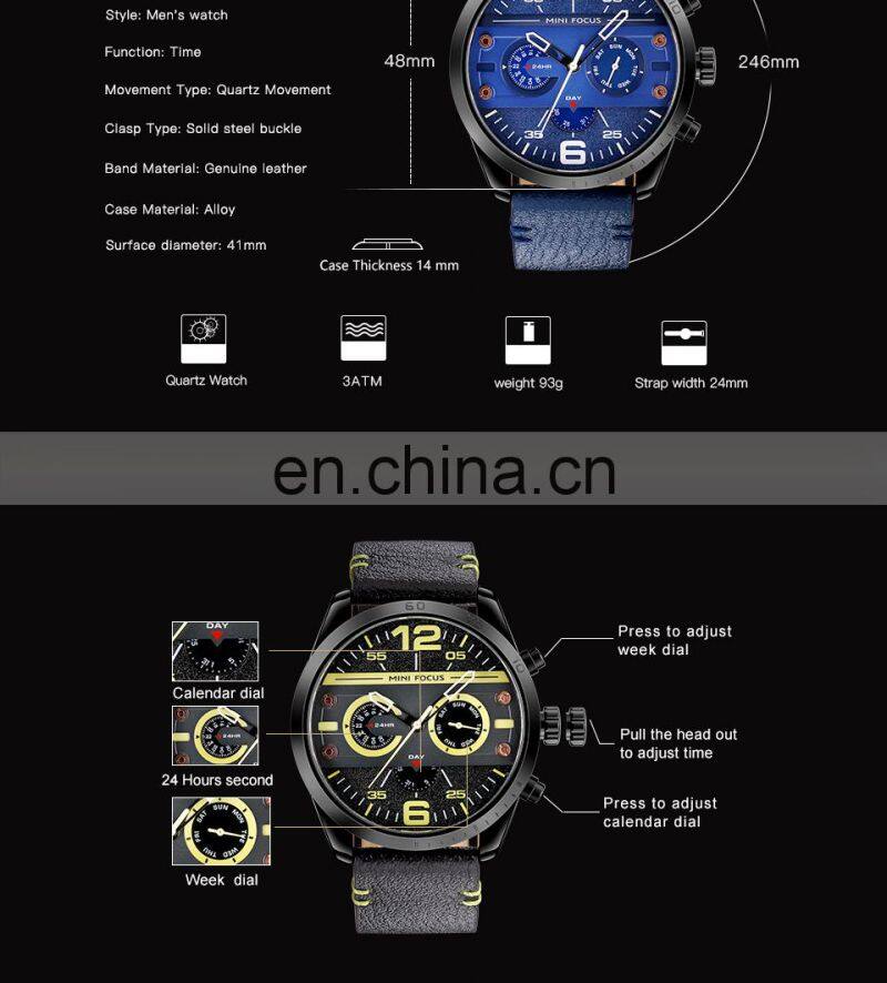 MINI FOCUS MF0068G Luxury Brand Men Watches Leather Strap Quartz Wrist Watch Men Waterproof Sport Clock Mens Wristwatch