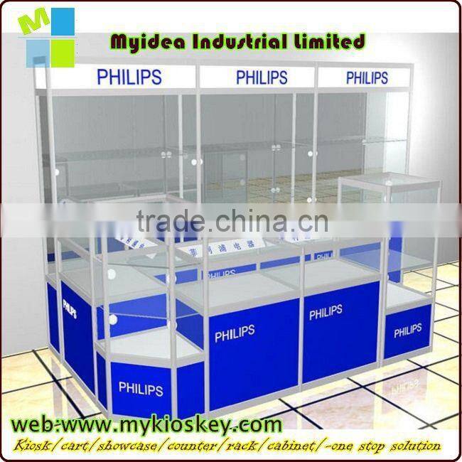 New design hot sale tempered glass wood cell phone kiosk for cell phone shop cellphone store display fixture
