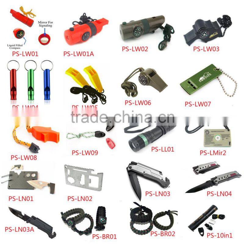 7in1 Camping Survival Whistle Compass Thermometer LED Flashlight Fire Magnifier