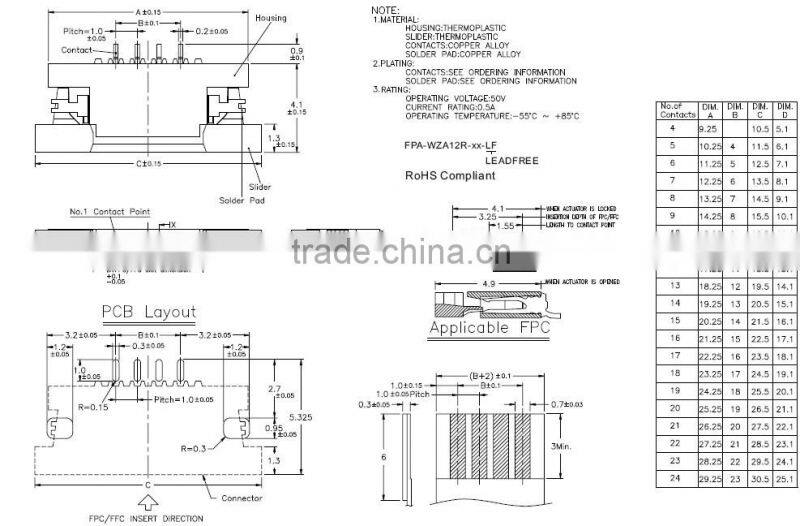 FFC/FPC Connector Pitch 1.0mm Height 1.2mm 4 Pin With Zif Type