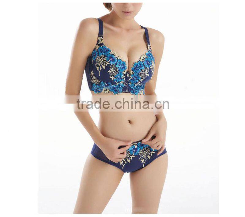 2015 New Style 3-Breasted Push Up Bra Flower Lace Side Sexy Women Underwear Bra Set