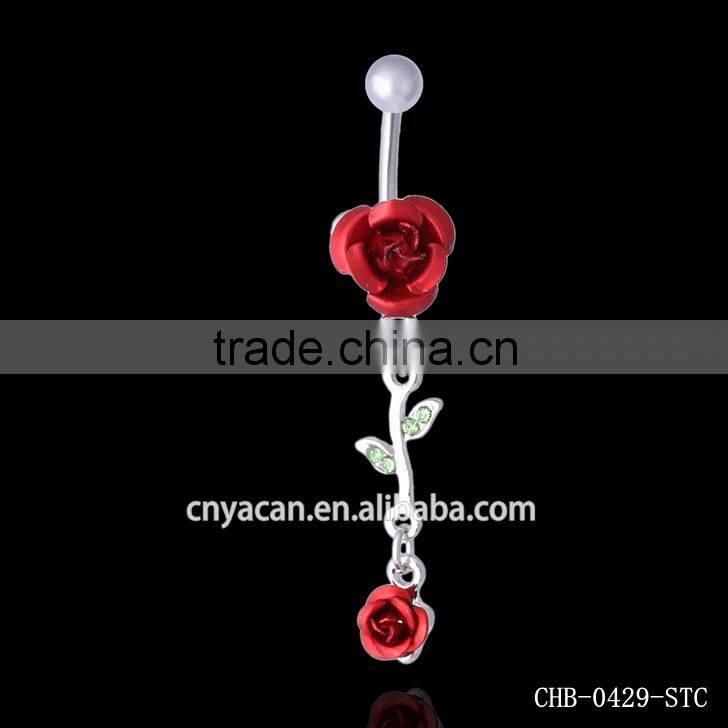 316L Stainess Steel Rose Flower Gem Dangle Navel Belly Ring Steel Piercing Rings