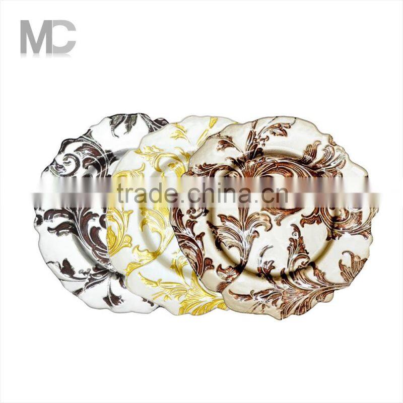 Wholesale Cheap Wedding Gold Silver Embossed 13 inch Glass Charger Plates