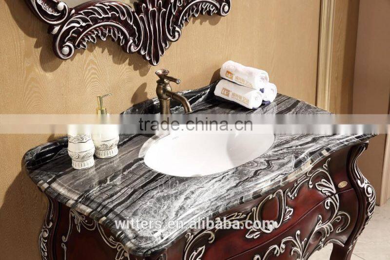Single bowl bathroom vanity decorated by hand carving and painting in silver WTS827