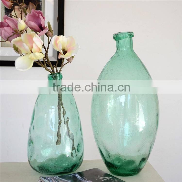 Wholesale Home Decoration Green Clear Tall Glass Vase Handmade Bubble Process Glass Flower Bottle