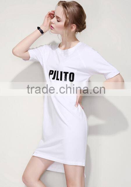 girls casual long t-shirt wholesale pure white t-shirts with letter printed loose long plain white t-shirt