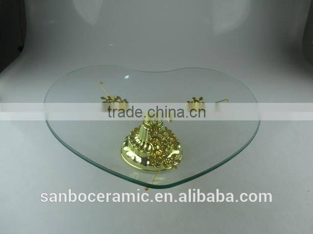 New Style love Shape Wedding Glass cake stand with Gloden Flower