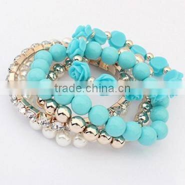2016 Trendy Fashion Candy Color Pearl Rose Flower Multilayer Charm Bracelet & Bangle For Women Fashion Jewelry