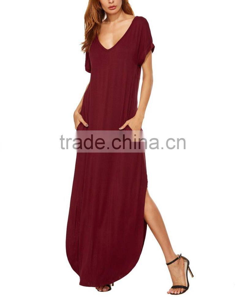 Guangzhou Clothing OEM Red Pocket Split Dress Pictures Of Latest Elegant Designs