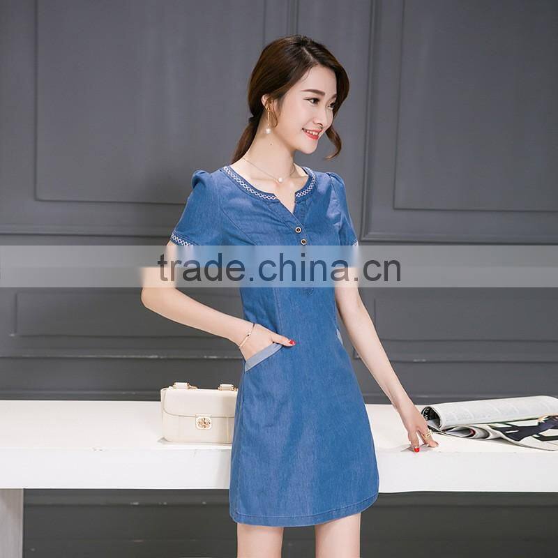 Lastest design oem spring blue v-neck short sleeve denim wash double shirt ladies dresses