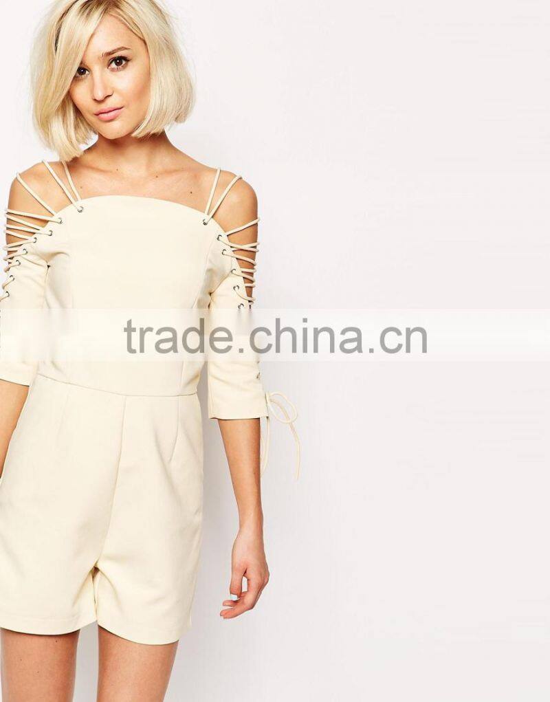 2015 fashionable hot sale OEM customized women Romper with Lace Up Sleeve