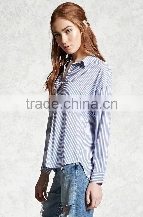Woman long sleeve striped button down basic collar curved hem cotton blouse