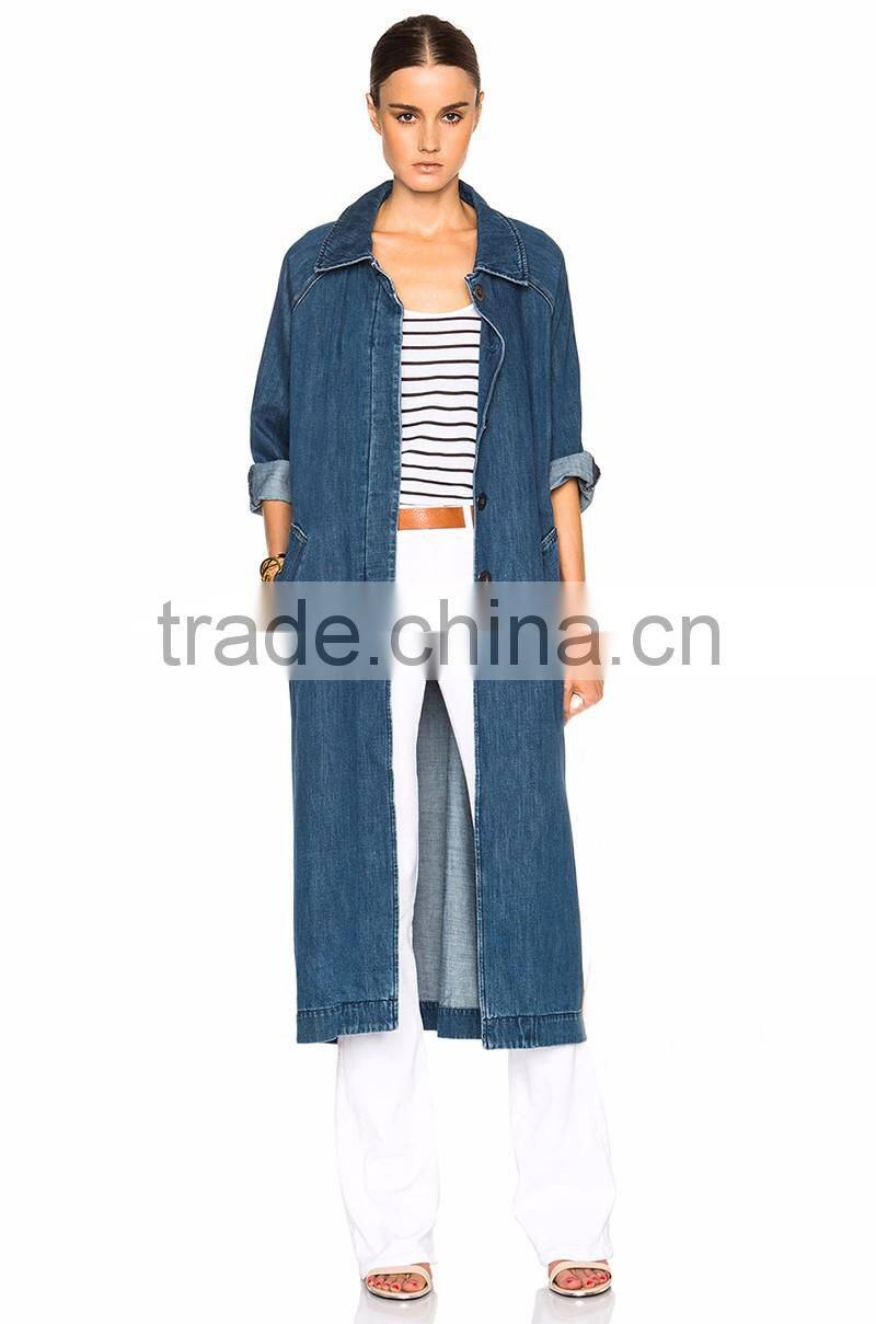 latest design fitted elongated long denim coat for women
