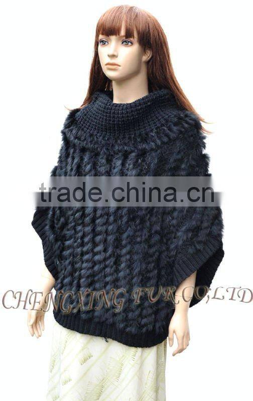 CX-B-73 Women Sweater Black Knitted Genuine Rabbit Fur Shawl