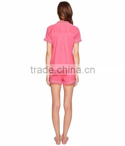 Pink Short Pyjamas Set Contrast Piping New York Pajamas Sleepwear Clothing Short Sleeves And Short Pants Shirttail Hem Nightwear