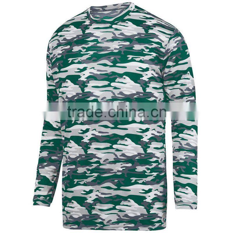 Camo Style Long Sleeve Wicking Tee Self Fabric Collar Custom Color Logo Printing Tshirt 100% Polyester Wicking Printed Knit Long