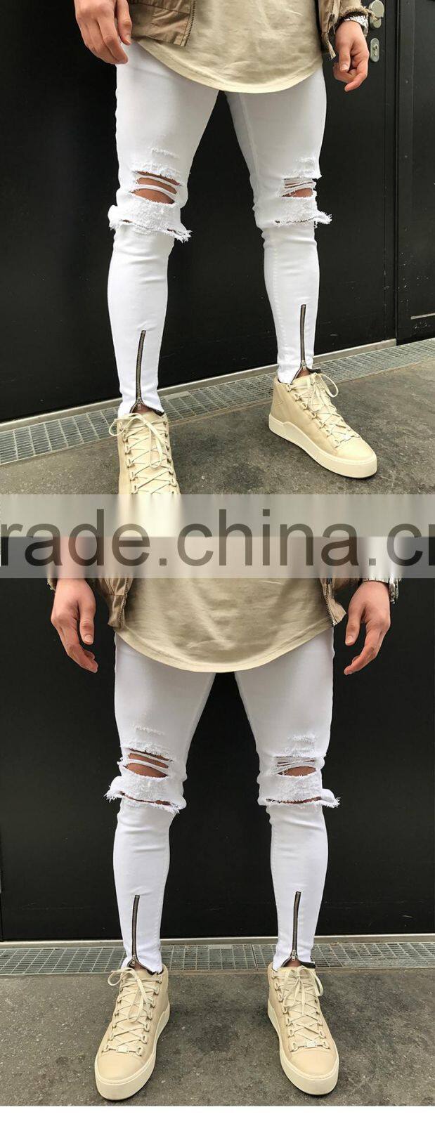 Custom male super skinny distressed moto biker denim pants men high stretch ripped trousers zipped tight ankle jeans 2017
