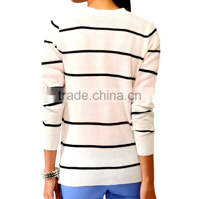 boyfriend style Y neck button up stripe cardigan 2015 woman with patch pockets