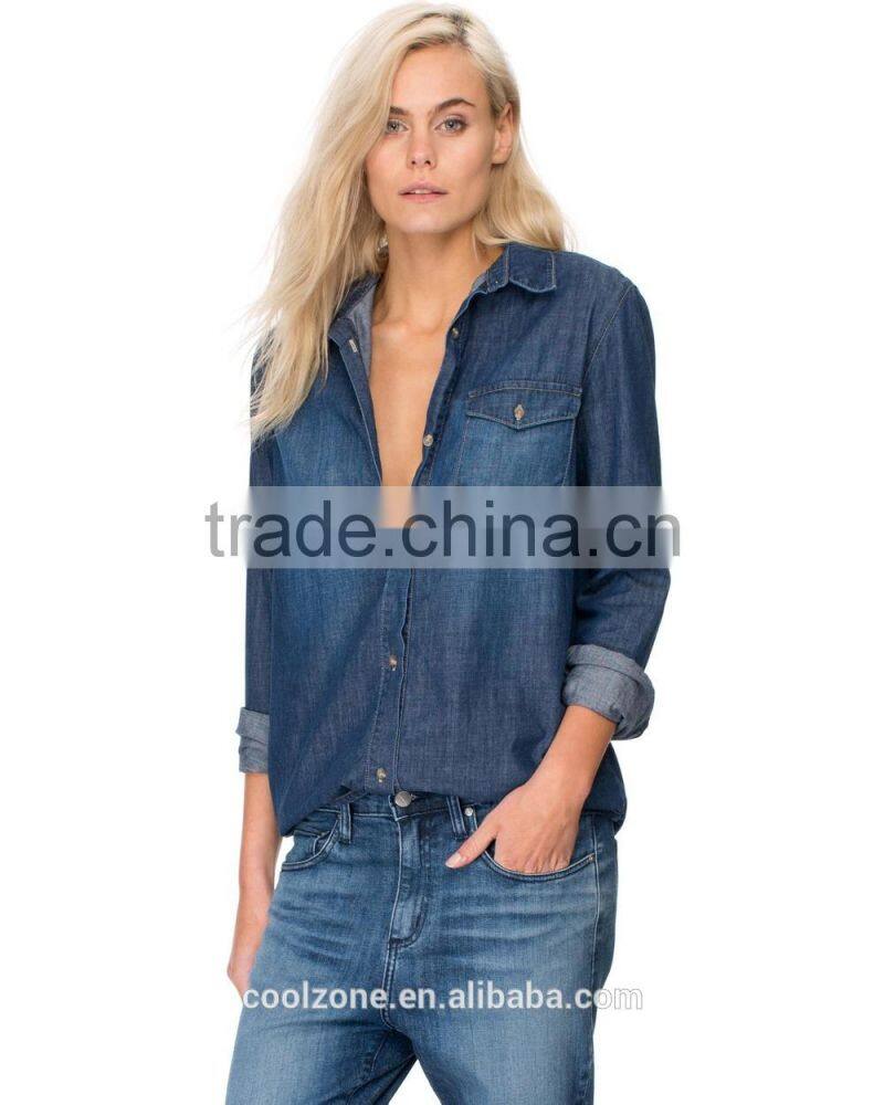 Contrast topstitch relaxed fit denim shirt women chest pocket denim shirt
