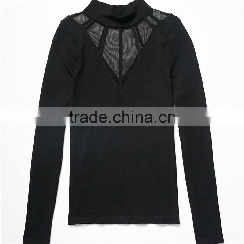 2017 OEM Super Stretchy Cool Sheer Cage Mock Neck Blouse Shopping