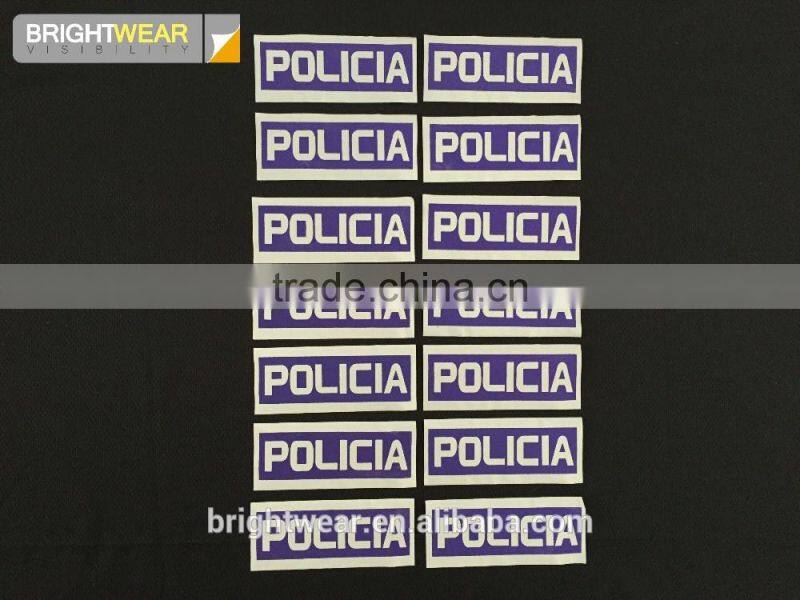 Relfective Policia with blue printing reflective letter be heated on vest for Spain market