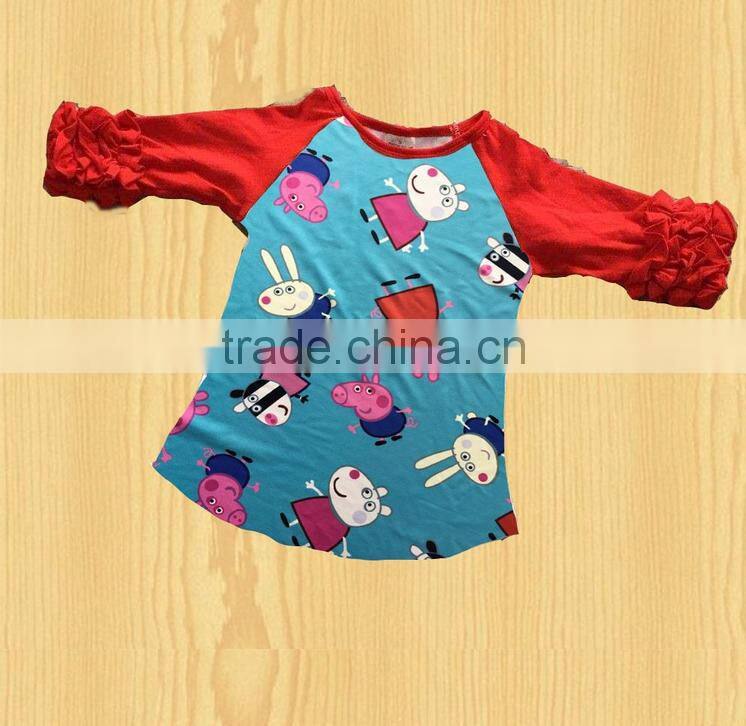 Hot ! Raglan 3/4 sleeve prints shirt baby girl clothes ruffle cotton 0-14 T fall printing wholesale children girl raglan shirt